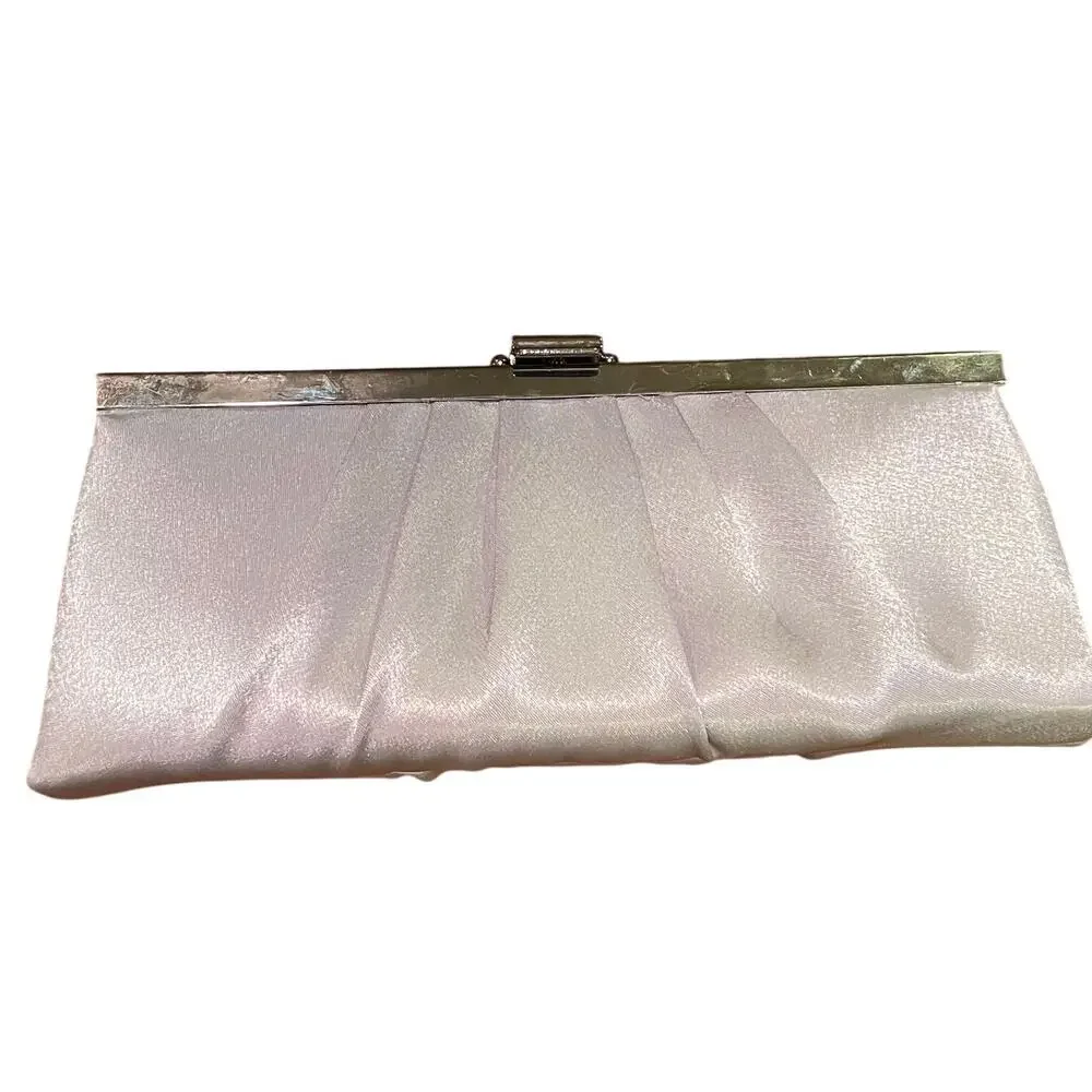 Jessica McClintock Silver Satin Clutch, Evening Clutch, Drop Chain, Clasp